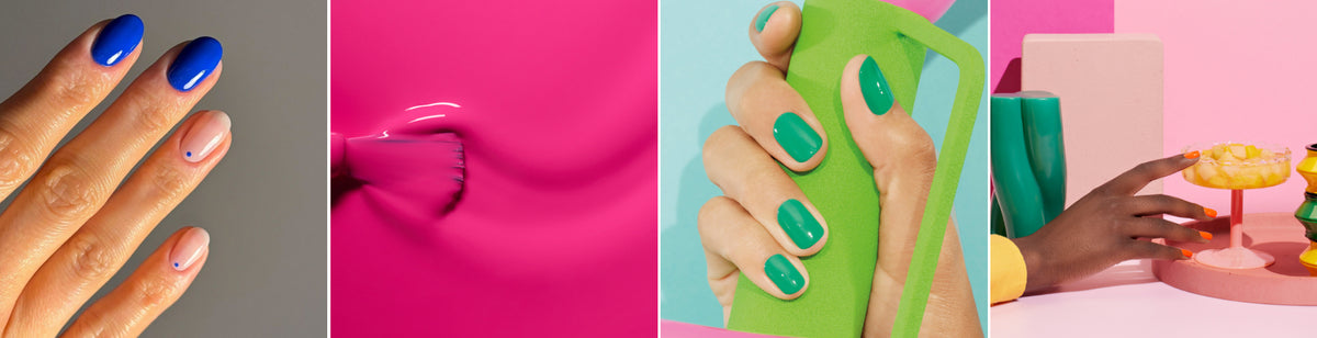 Four images: blue polished nails with a minimalist design; a brush gliding through bright pink polish; teal nails holding a green textured object; brown hand with mauve nails holding a yellow flower-shaped item.