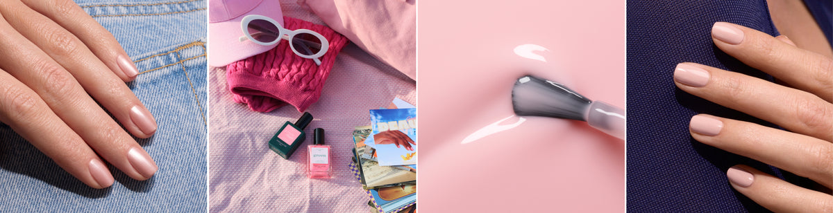 Collage showing manicured hands with pale pink nails, summer accessories like sunglasses and a hat, nail polish bottle, a brush applying polish on a pink surface, and another hand with pale pink nails on dark fabric.
