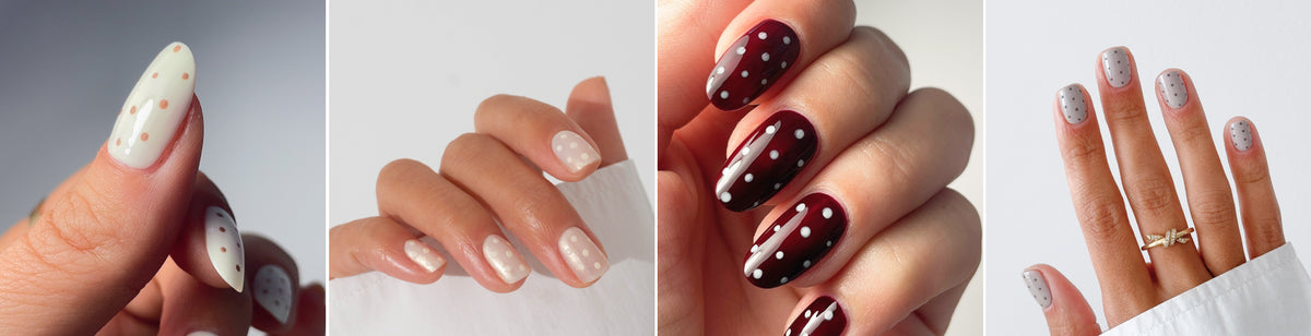 Four images of manicured hands with polka dot nail designs: white nails with beige dots, pale pink nails with white dots, dark red nails with white dots, and light pink nails with gray dots and gold rings.