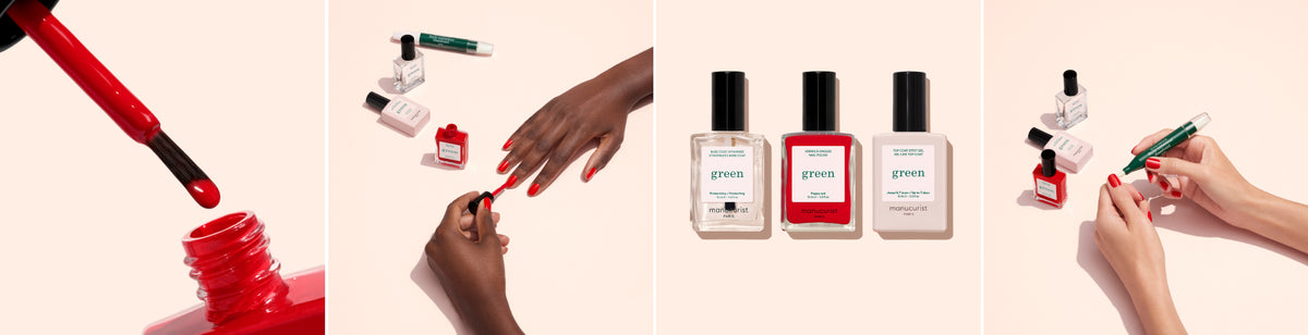 A series of images showing hands applying red and green nail polish, with bottles of nail polish and manicure tools arranged on a pale background.