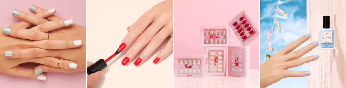 Four images: pastel blue and white painted nails, hand painting nails red, boxed fake nails in various designs, and a hand with pastel blue nails holding a matching polish bottle outdoors.