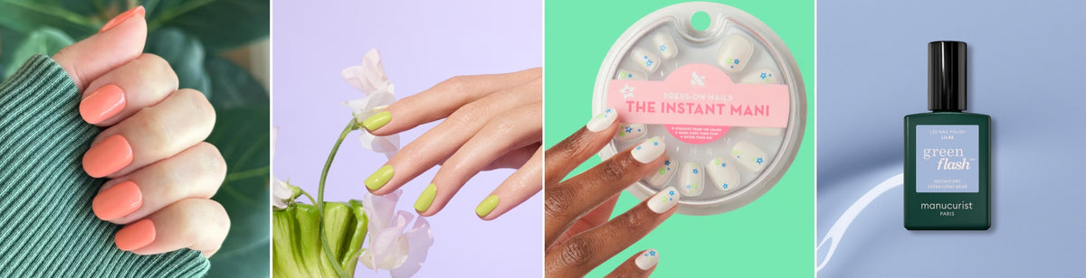 Four images show manicured hands: coral nails with a green sweater, pastel green nails holding a flower, a hand with white nails decorated with daisies next to a nail set, and a bottle of green nail polish.