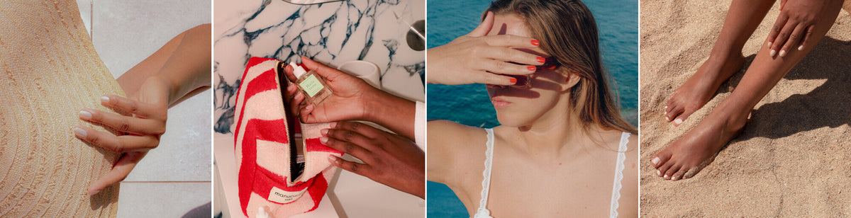 A collage of four images: a hand resting on a textured fabric, hands holding a small bottle over a striped towel, a woman shielding her eyes from the sun, and bare feet on sandy ground.