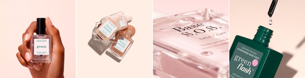 Four panels show: a hand holding a clear nail polish bottle, a stack of square nail polish bottles, a close-up of a base coat bottle, and a dropper over a green nail polish bottle.