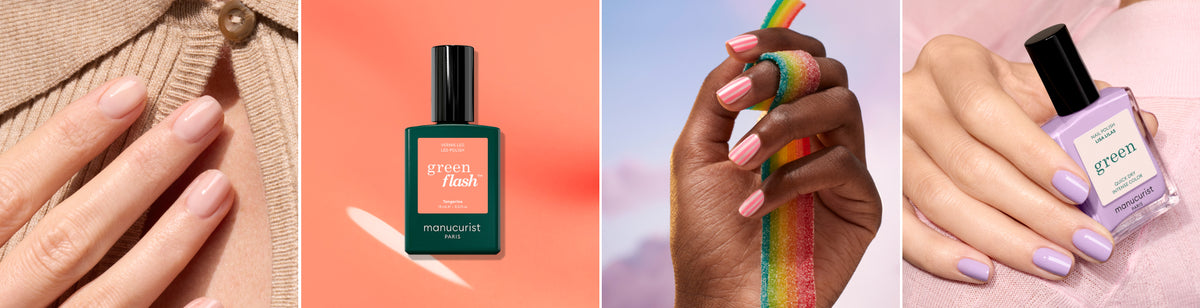 Four images show manicured hands: the first with neutral pink nails, the second with a green nail polish bottle, the third with pink nails holding a rainbow ribbon, and the fourth with lilac nails holding a lilac polish bottle.