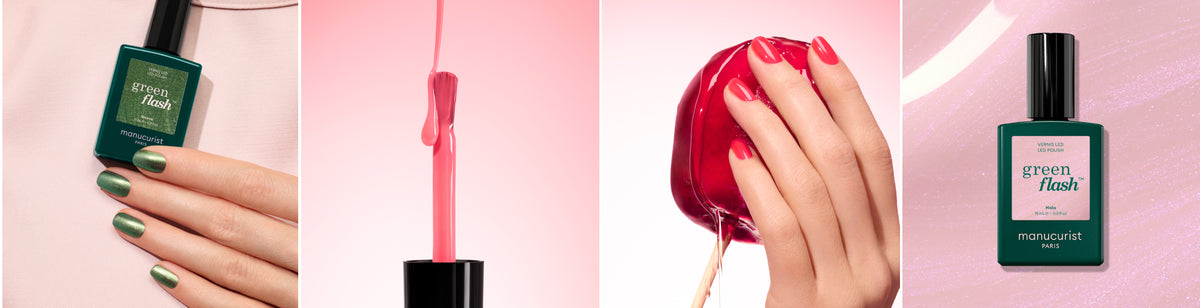 Four panels: a hand with green polish, a pink nail polish brush, a hand with red nails holding a shiny red apple, and a green nail polish bottle reading green flash on a pink backdrop.