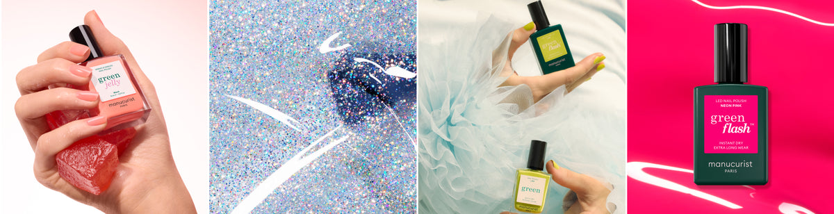 Four panels: a hand holds a pink nail polish bottle, glitter sparkles on a surface, hands hold green and yellow bottles over tulle, and a close-up of a green nail polish bottle on a bright pink background.