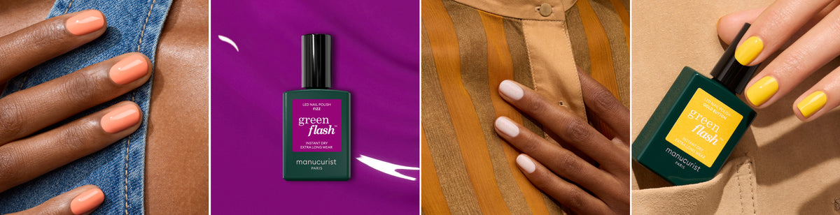 Four side-by-side images show hands with manicured nails painted in peach, white, and yellow, each holding a bottle of Manucurist Green Flash nail polish in various colors.