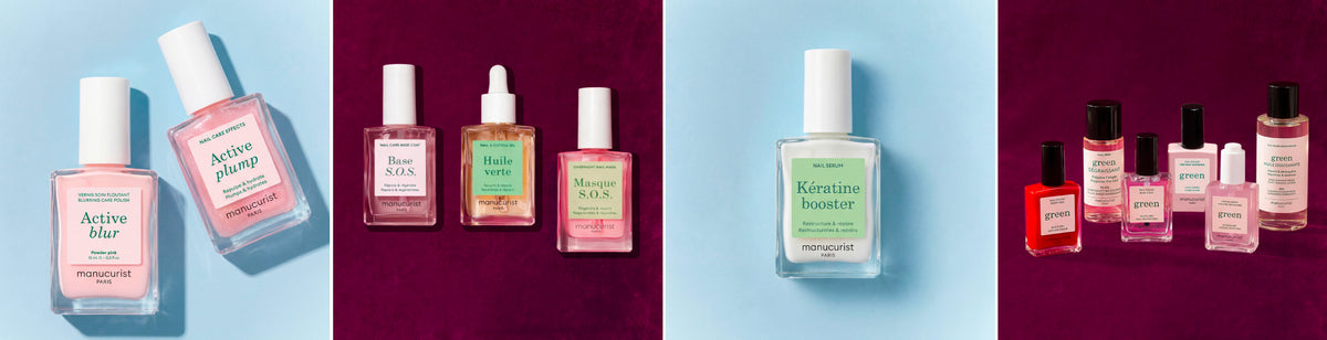 Four sets of manicure care products displayed on colored backgrounds, including nail polishes, oils, and treatments in clear bottles with different labels and shades, arranged neatly in rows.