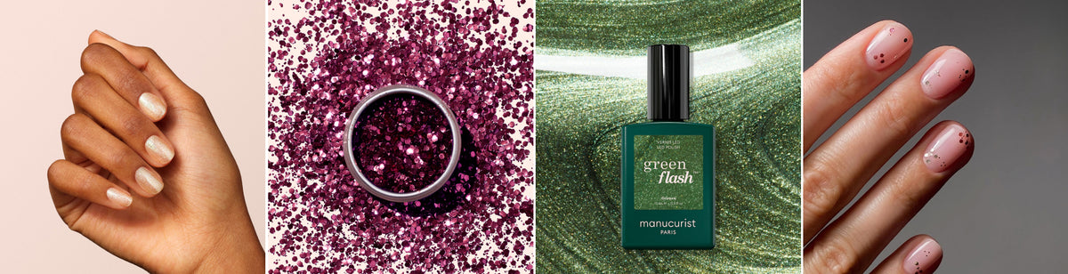 A hand with bare nails, a container of pink glitter, a bottle of green nail polish, and a hand with shiny, pink glittery nails, all in a row.