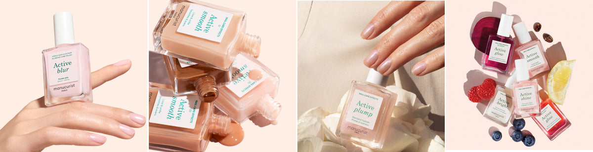 A collage of four images showing nail polish bottles in pink and neutral shades, close-ups of manicured hands, and an arrangement with fruits and leaves, highlighting the products’ colorful and natural aesthetic.
