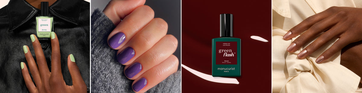 Four panels show hands with different nail polishes: pastel green on dark skin, purple on a close-up hand, dark green bottle on red background, and nude polish on medium brown skin. All nails are neatly manicured.