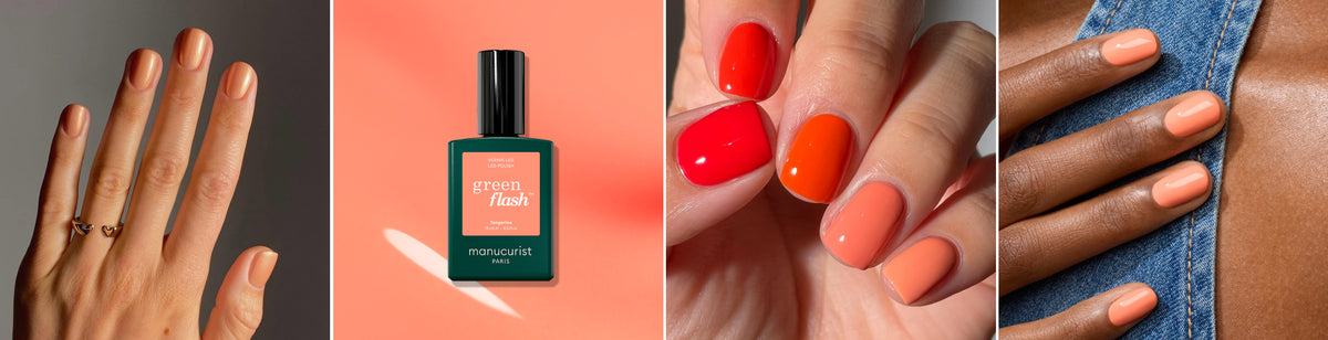 Four panels: manicured hand with natural nails, green nail polish bottle, hand with orange and red nails, and hand with peachy nude nails against a denim background.