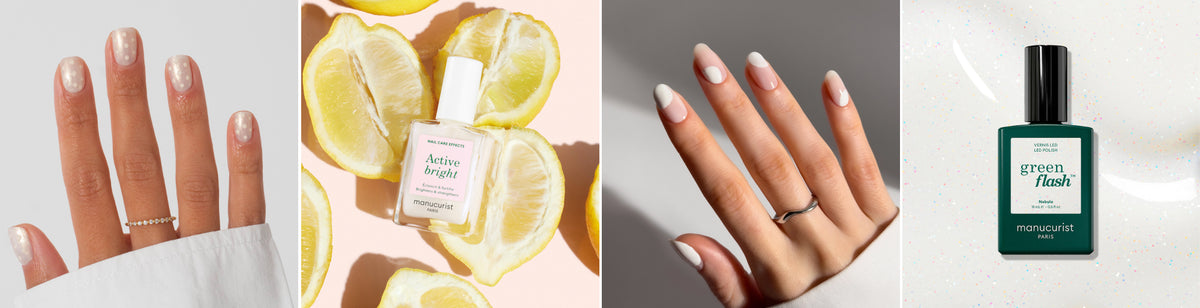 A hand with a pearl ring shows manicured nails; a nail polish bottle sits among lemon slices; another manicured hand with a ring; a green nail polish bottle on a light, sparkly background.