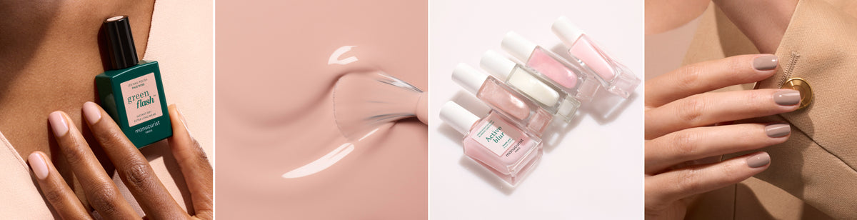 A hand holds a green nail polish bottle, a brush spreads nude polish, four pastel polish bottles are arranged, and a hand with freshly painted nails touches a beige fabric with a gold button.