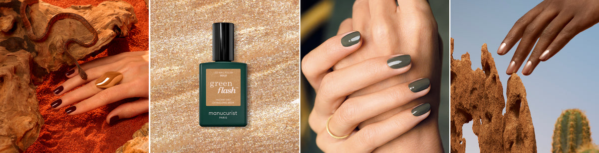Four images: hands with brown nails on red sand; a bottle of green flash nail polish on glitter; hands with olive-green nails; hand with ombre nails reaching toward sandy rock formations.