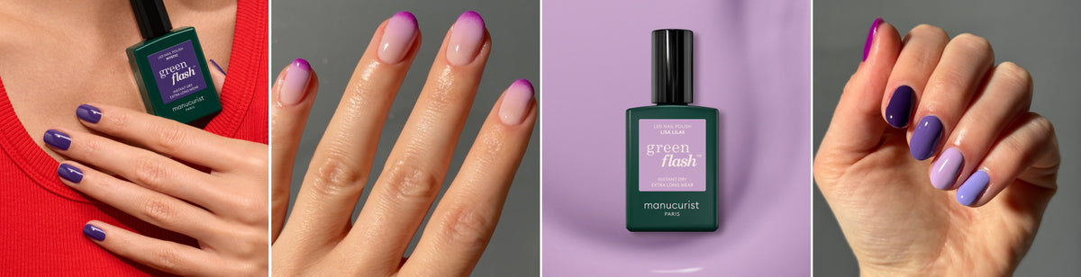 Four-panel image: first, a hand with purple nails holds green nail polish; second, nude nails with purple tips; third, close-up of green green flash nail polish; fourth, hand with gradient purple nails.