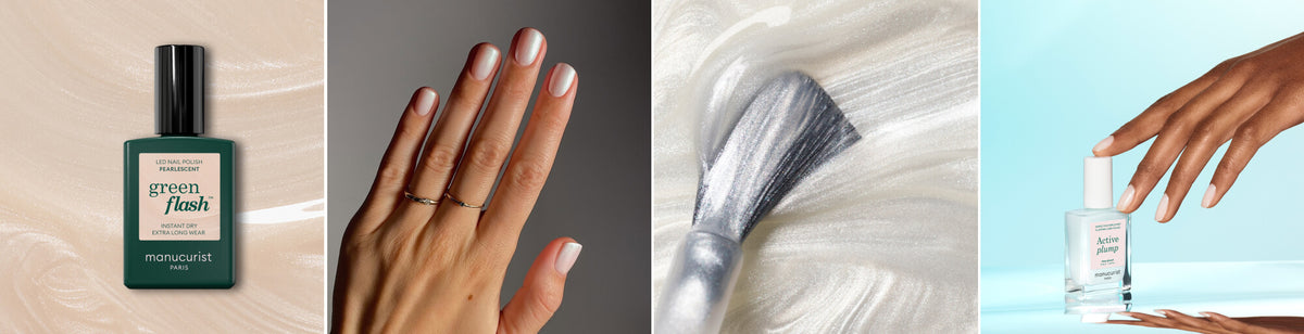 A bottle of green nail polish, a hand with manicured nails, a silver brush on shimmering polish, and a hand holding a clear nail polish bottle on a blue background.