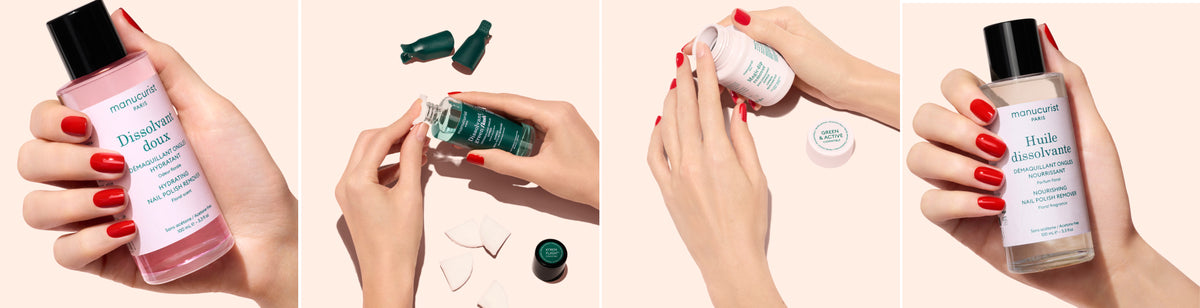 Four close-up images show hands with red nail polish holding various manicure bottles and jars, including nail polish remover, nail care serum, and cream, all against a pastel background.