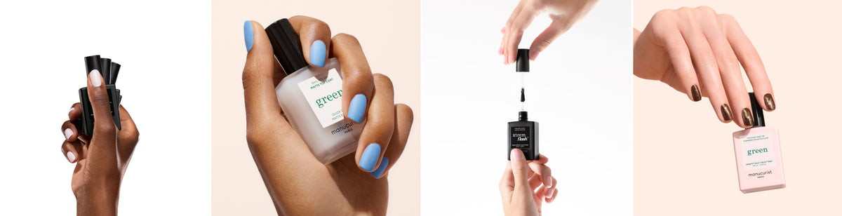 Four panels show hands with manicured nails holding nail polish bottles, applying polish, and displaying different nail colors including light blue, brown, and pink on a neutral background.