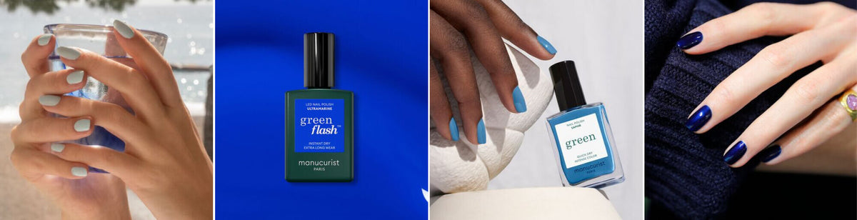 A collage of four images: light blue painted nails holding a glass, a green nail polish bottle on a blue background, two hands with blue nails holding a ball, and dark blue painted nails resting on a hand with a gold ring and purple stone.