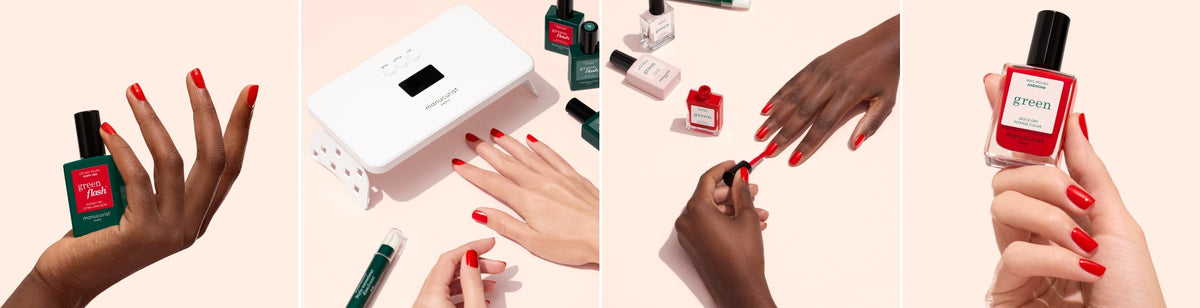 Four panels show hands with red-painted nails using green and white nail polish bottles, a UV nail lamp, and other manicure tools on a light pink surface. Hands of different skin tones are featured.