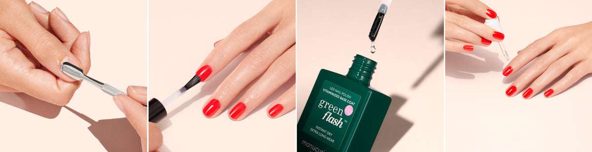 Four panels showing a manicure process: pushing back cuticles, applying red nail polish, a dropper above a green nail polish bottle, and applying drops to shiny red-painted nails.