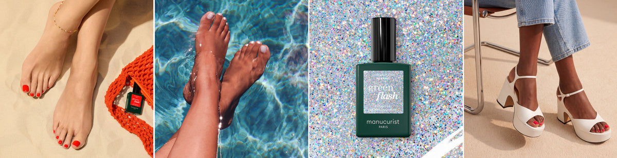 Four images: feet with red polish on sand, feet with white polish in a pool, a bottle of green nail polish on glitter, and feet with red polish wearing white heels.