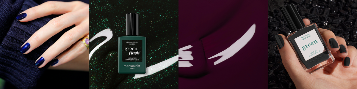 A collage showing manicured hands with dark nail polish, a green bottle of Green Flash nail color, a brushstroke of purple polish, and a hand holding a bottle of Green top coat on a dark textured background.