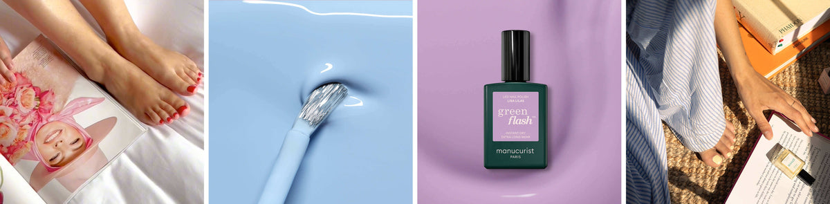 A collage of four images: painted toenails on a magazine, a brush in light blue nail polish, a bottle of green nail polish, and bare feet next to open books and an orange box.