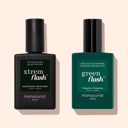 Two Manucurist bottles on a beige background: the Xtrem Flash™ Gel Top Coat with flawless wear and a green bottle labeled Green Flash base coat for easy application and fast removal.