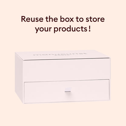 A light pink storage box from the Manucurist Starter Kit Gift Set (TEST COFFRET) with a pull-out drawer sits beneath text that reads, Reuse the box to store your Green Flash semi-permanent manicure products! on a beige background.