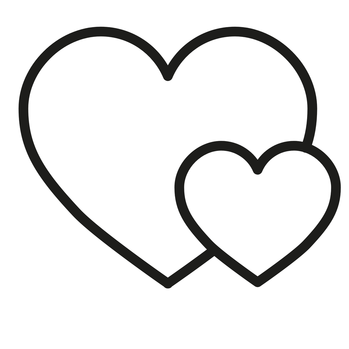 Black outline of three overlapping hearts of different sizes on a white background.