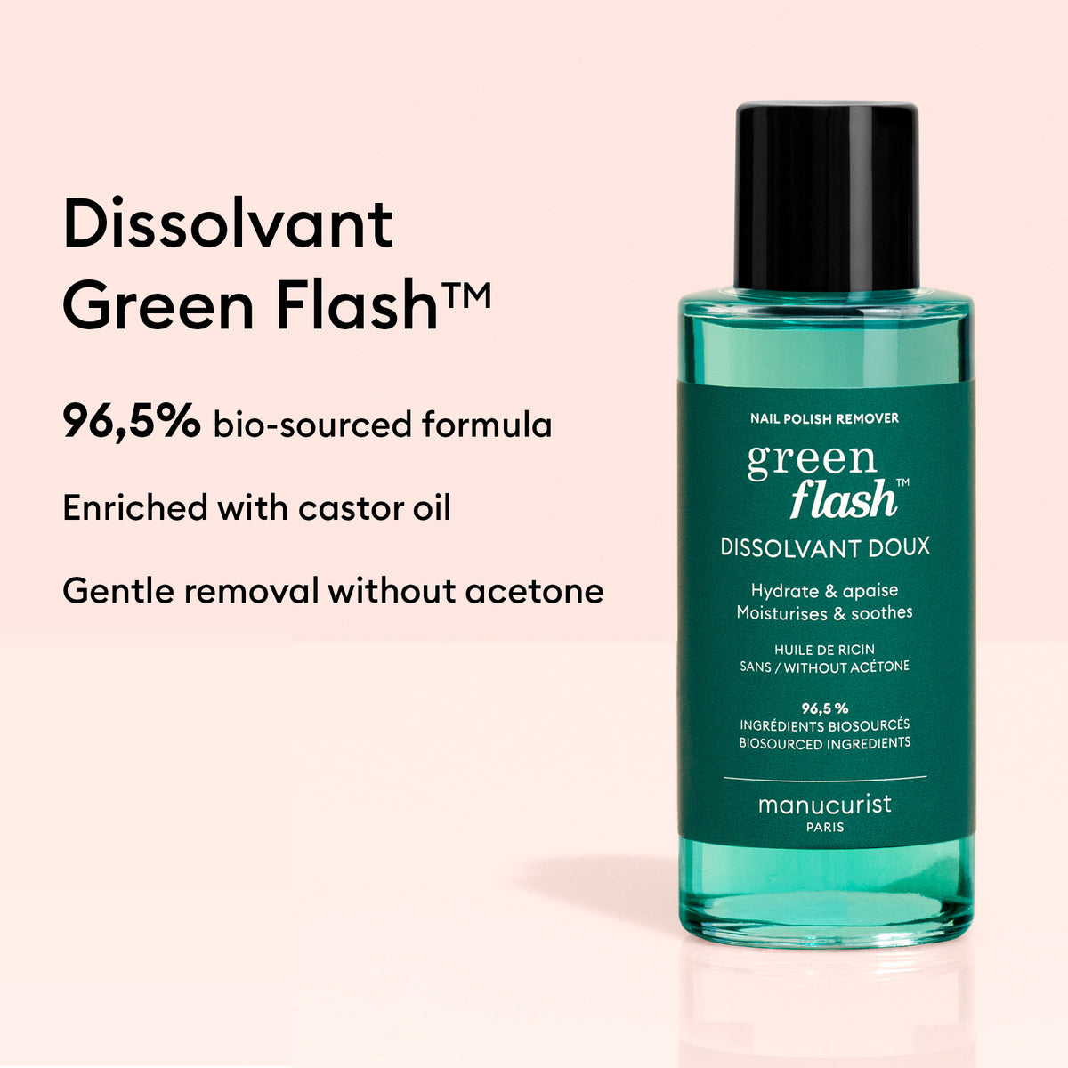 Un flacon de Manucurist-test + Green Flash™ Gel Polish Remover est posé sur une surface beige. Le texte indique qu&