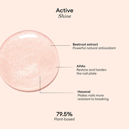 Large pink nail polish droplet with labeled ingredients: beetroot extract (antioxidant), AHAs (restore and harden), and hexanal (strengthens nails). Text reads Manucurist Active™ Shine Opal and 79.5% plant-based nail polish on a light background—the perfect innovative touch for your nail care routine.