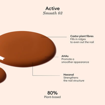A brown liquid swatch labeled Manucurist Active Smooth 03 showcases this 80% plant-based nail treatment: Castor plant fibres fill ridges, AHAs smooth, and Hexanal strengthens nails—ideal for advanced nail care.