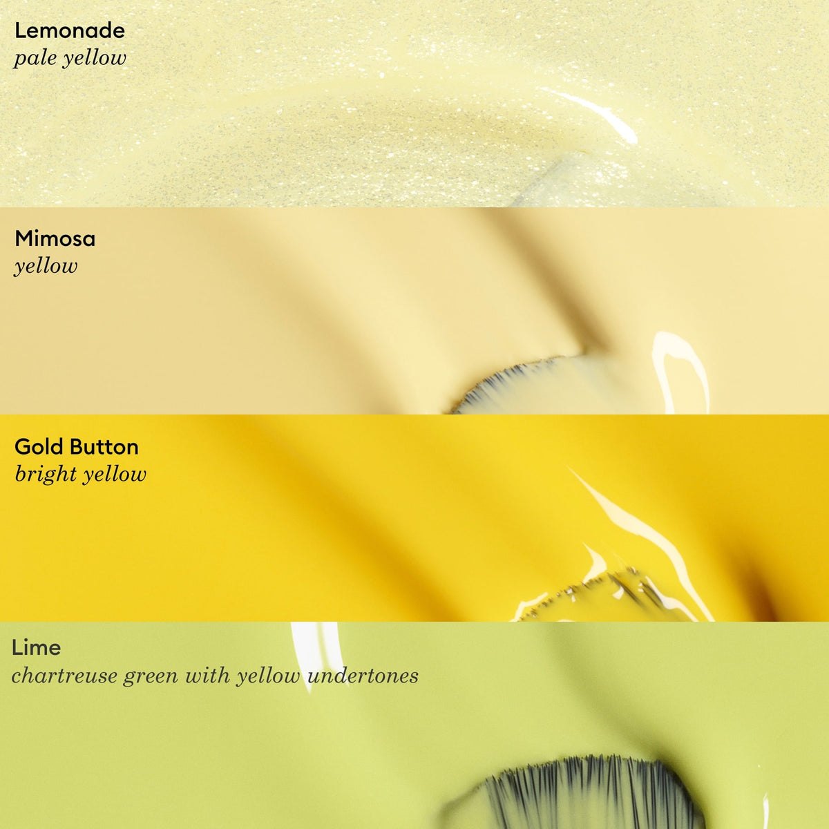 Four bands display paint swatches: Lemonade (pale yellow), Mimosa (yellow), Gold Button (bright yellow), and Lime by Manucurist—an anise green chartreuse with citrus undertones—each with a vibrant paintbrush stroke.