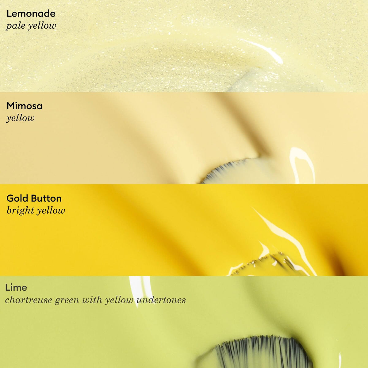 Four horizontal swatches of Manucurist nail polish: pale yellow (Lemonade), yellow (Mimosa), bright yellow (Gold Button), and chartreuse green with yellow undertones (Lime), each labeled.