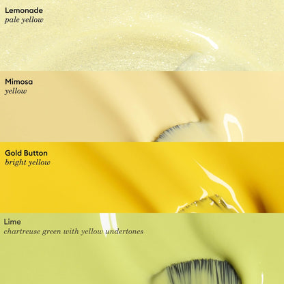 Four horizontal swatches of Manucurist nail polish: pale yellow (Lemonade), yellow (Mimosa), bright yellow (Gold Button), and chartreuse green with yellow undertones (Lime), each labeled.