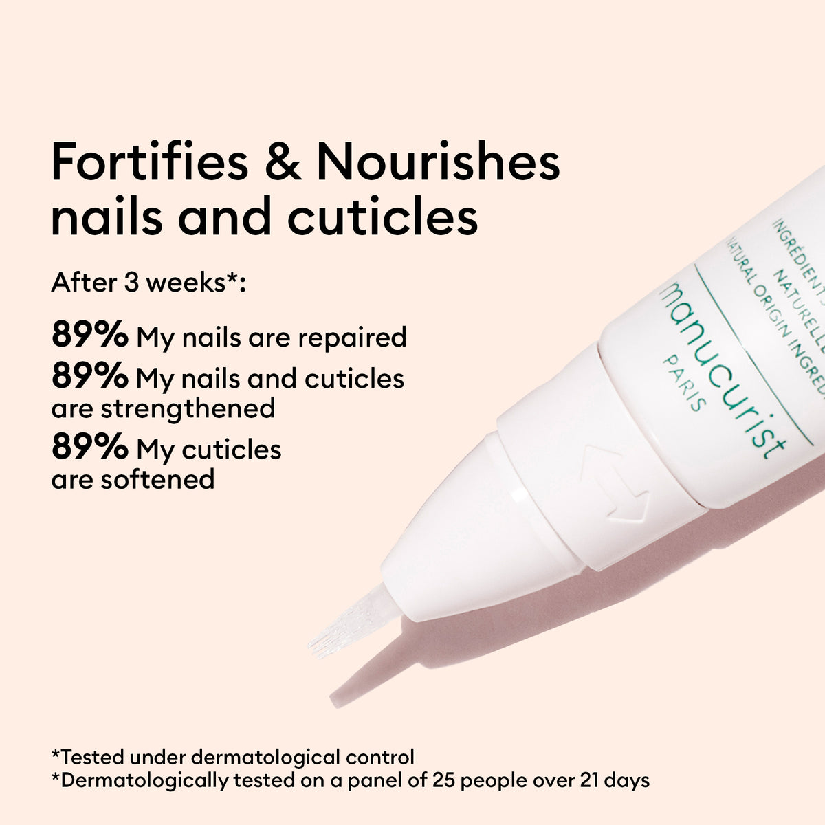 A tube labeled [TikTok Shop] Starter Routine for Sensitive Nails: Fortifies &amp; Nourishes nails and cuticles. After 3 weeks*: 89% felt nails were repaired, strengthened, and cuticles softened. Dermatologically tested.