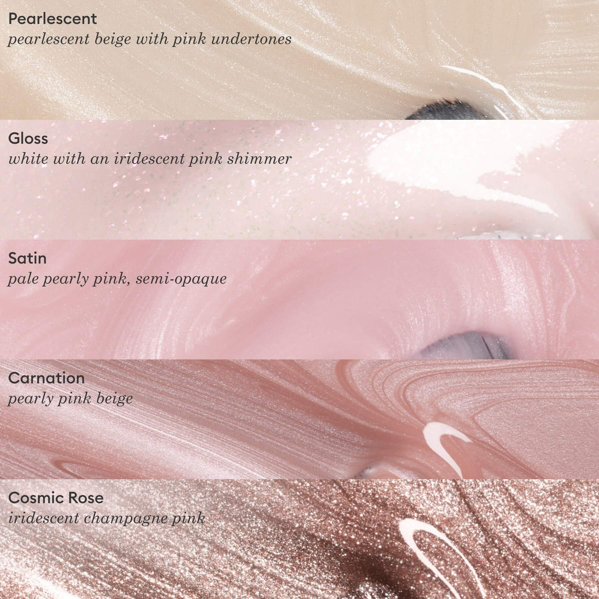 Cinq sections présentent des gros plans de nuances Manucurist Cosmic Rose : beige nacré, rose iridescent brillant, rose pâle satiné, beige rosé nacré et vernis gel rose champagne scintillant, chacune avec son nom et sa description.