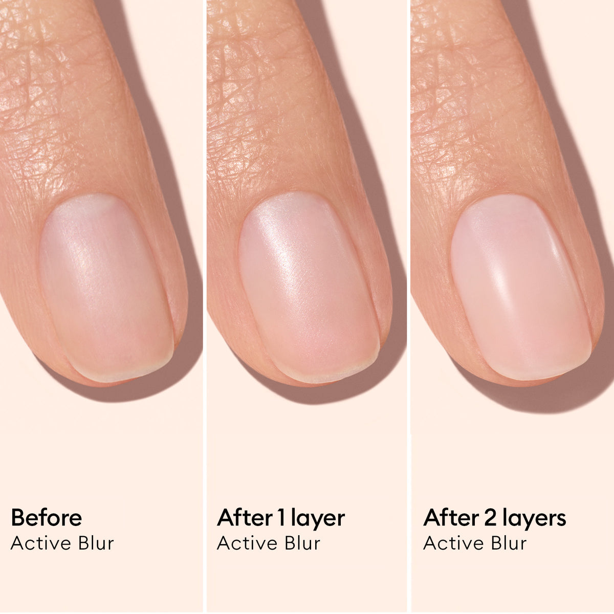 Trois gros plans d’un ongle montrent sa transformation : avant l’application du vernis, après une couche, puis après deux couches, tous accompagnés de Manucurist Active™ Blur. À chaque étape avec ce vernis soin flouteur de Manucurist, l’ongle paraît plus lisse et plus lumineux, tandis que les imperfections sont délicatement estompées pour un fini mat impeccable.