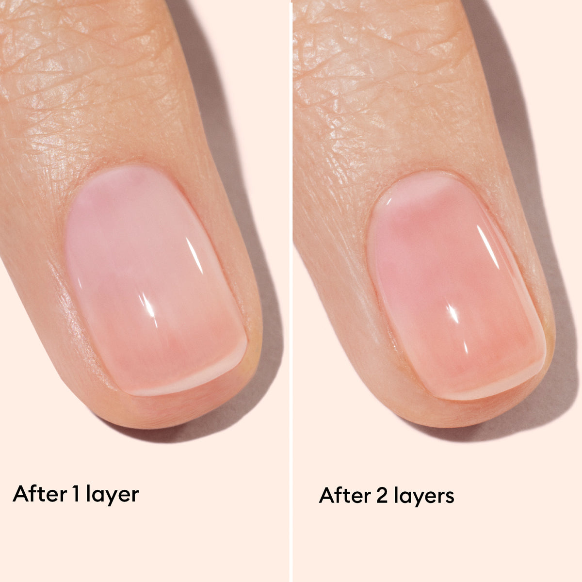 Close-up of a fingernail with sheer pink polish. Left side shows nail after 1 layer, right side shows nail after 2 layers. The nail appears glossier and slightly more opaque after 2 layers.