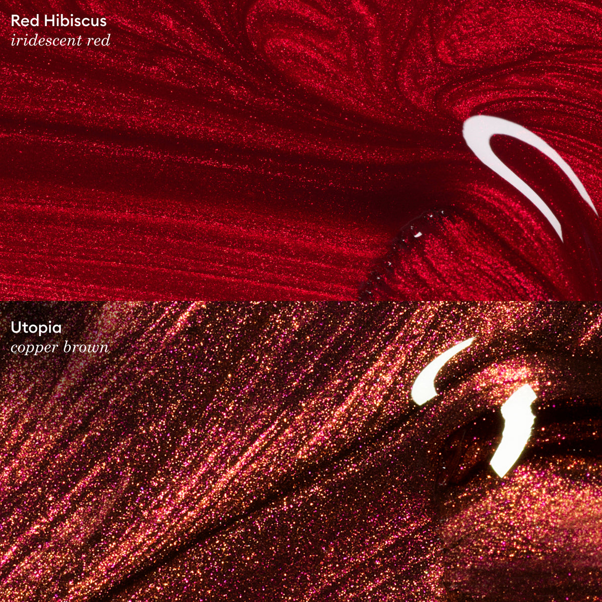 Close-up of two shimmery nail polish swatches: the top is a metallic crimson called Red Hibiscus, and the bottom is Utopia by Manucurist, a copper brown shade. Both feature swirling patterns and reflective shine.
