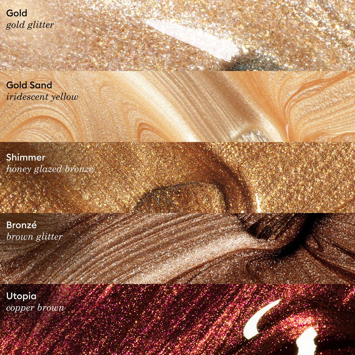 Cinq swatches horizontaux du maquillage scintillant Gold de Manucurist — paillettes dorées, jaune irisé, bronze glacé miel, paillettes brunes et brun cuivré — chacun étiqueté et décrit pour s’accorder parfaitement avec votre vernis à ongles Gold préféré.
