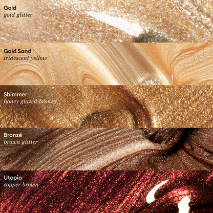 Five shimmery makeup swatches—including Gold Sand by Manucurist—feature gold glitter, shimmering yellow, honey glazed bronze, brown glitter, and copper brown hues that mimic the luminous glow of pearly polish.