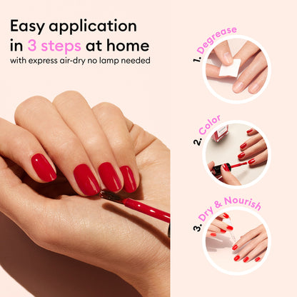 A hand applies Manucurist Gloss in iridescent pink. Text highlights easy 3-step at-home use: 1. Degrease, 2. Apply color, 3. Dry  nourish—no lamp needed and dries quickly. Images show each step for flawless nails.