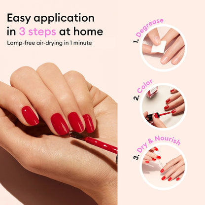 Hands applying vibrant red Manucurist The Essentials of the Green™ System nail polish. Text outlines a simple 3-step home manicure: 1. Degrease, 2. Apply color, 3. Dry  nourish nails. Enjoy a gentle acetone-free formula that air-dries in just one minute—no lamp needed—for easy salon-quality, gel-effect results at home. Circular images illustrate each step on fingernails for an effortless DIY process with Manucurist’s The Essentials of the Green™ System.