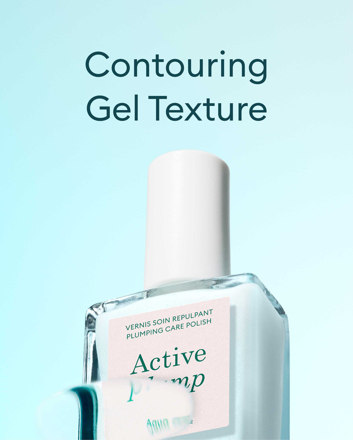 A clear bottle of nail polish labeled Active Plump with a white cap is shown against a light blue background. Text above reads Contouring Gel Texture..