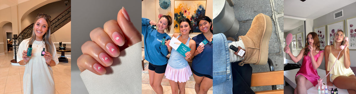 A collage with five images: a smiling woman holding skincare products, a close-up of manicured pink nails, three friends posing with beauty items, a person’s legs in fuzzy socks and boots, and two women sitting and looking in mirrors.